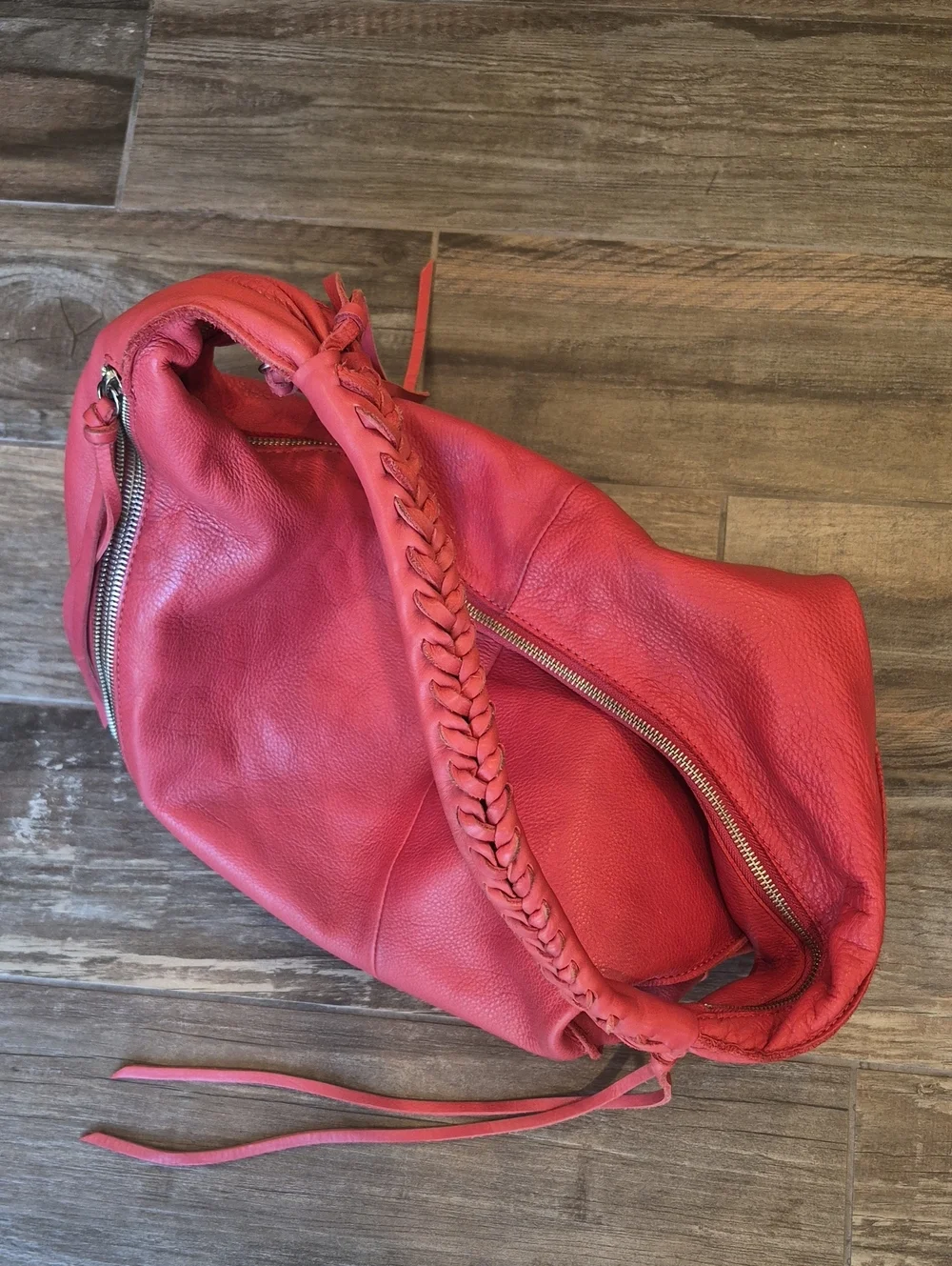 Christopher Kon Coral Red Genuine Leather Braided Handle Hobo Shoulder Bag